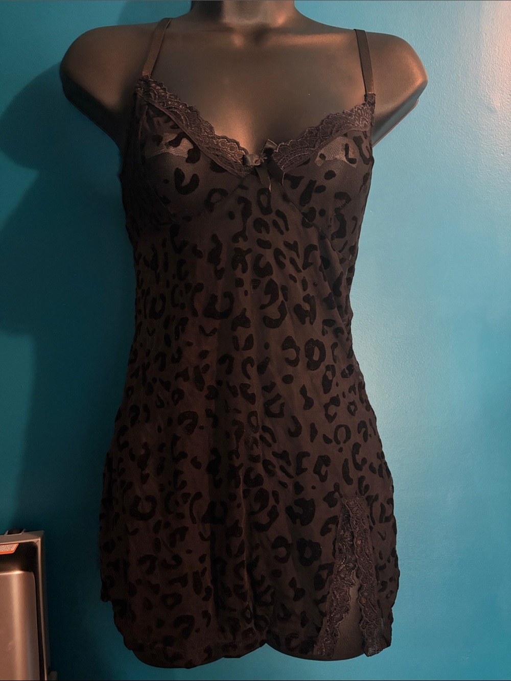 Black Leopard-Print Satin Chemise with Lace Accents